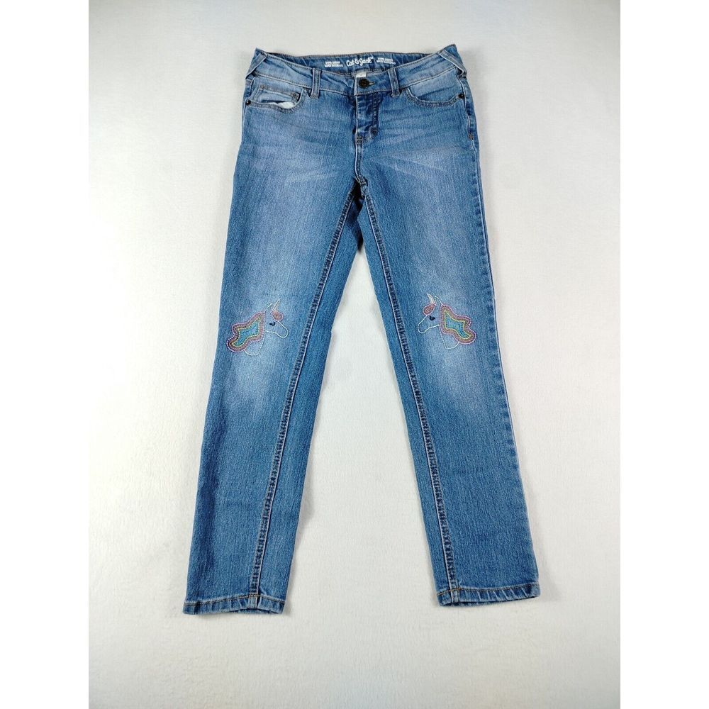 Cat & Jack Jeans Girls 12 Blue‎ Unicorn Rainbow Embroidered Kidcore 90skids Y2K